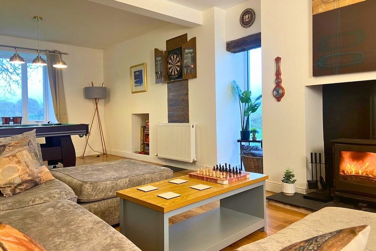 TV, fireplace, table tennis, books