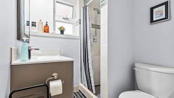 Regadera, secadora de cabello, toallas, jabón