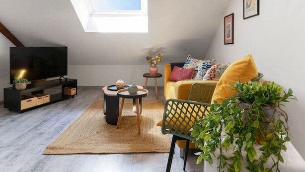 Ein modernes Schlafzimmer im Loft-Stil mit Dachfenster, einer Couch, einem Fernseher und einem kleinen Tisch.