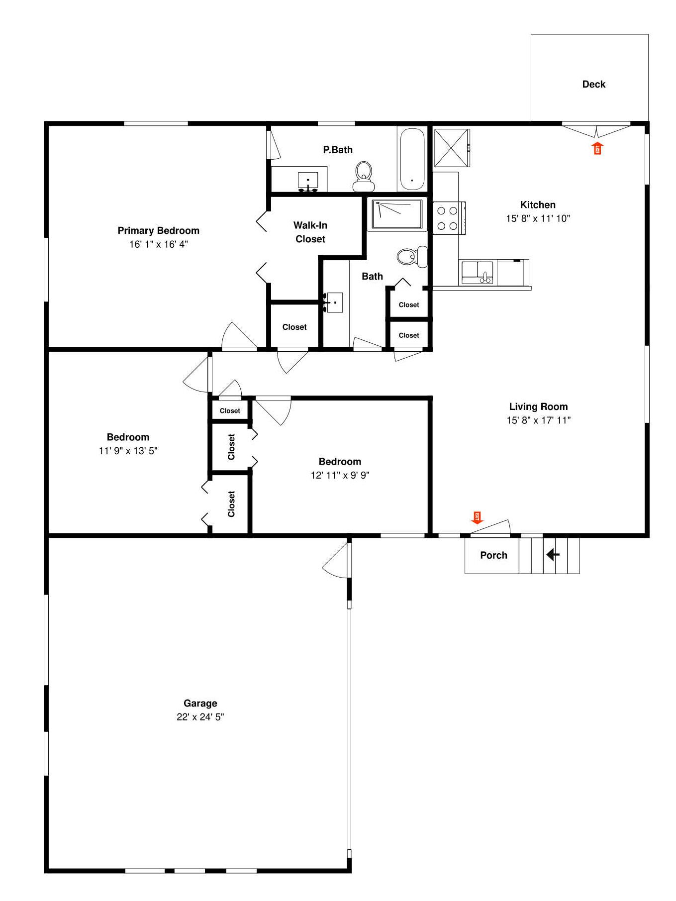 Een plattegrond met een hoofdslaapkamer, twee kleinere slaapkamers, een keuken, een woonkamer, een badkamer, een inloopkast, een veranda en een garage.