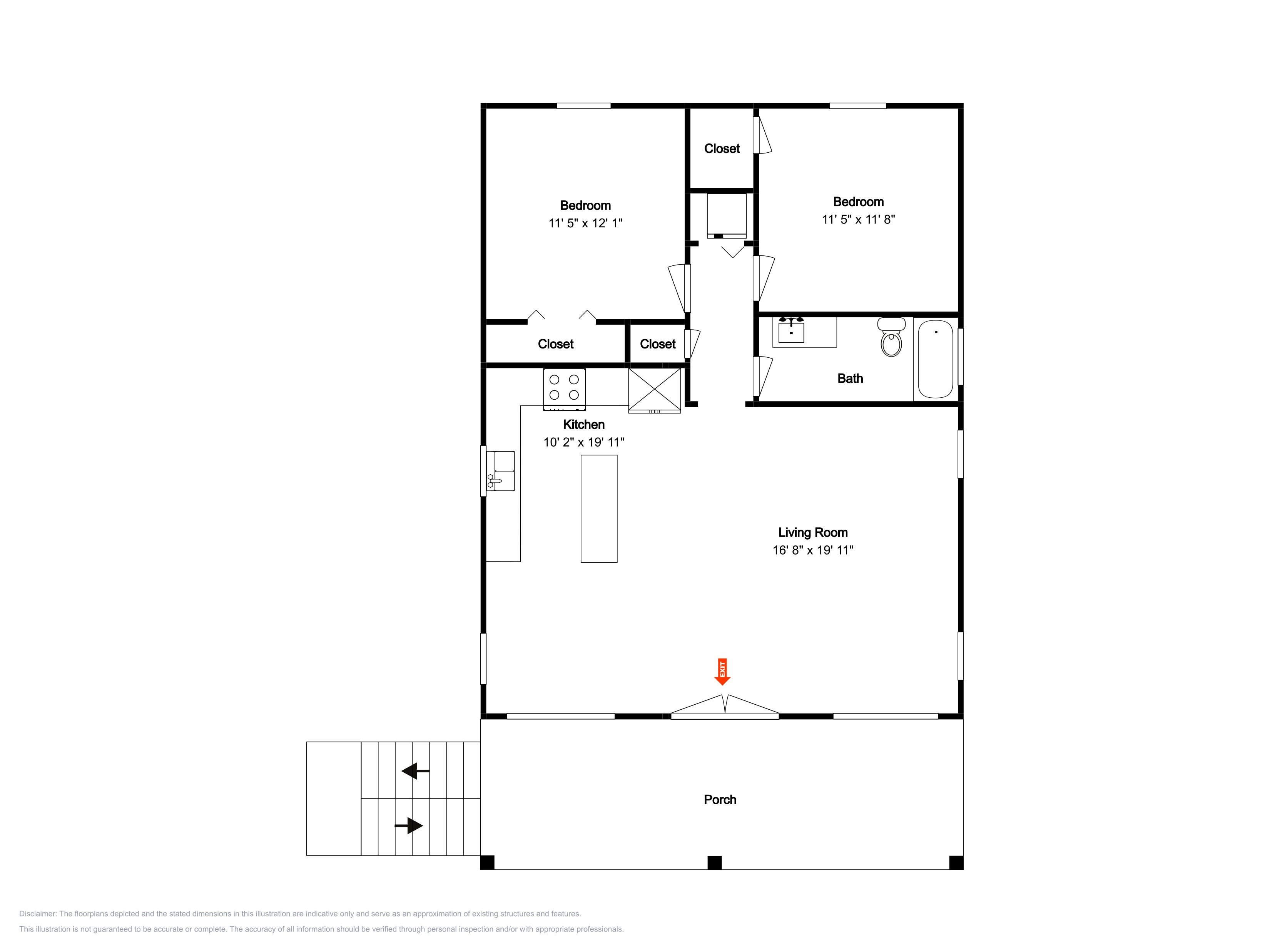 Plano de planta que muestra un dormitorio, armario, cocina, baño, sala de estar y porche.