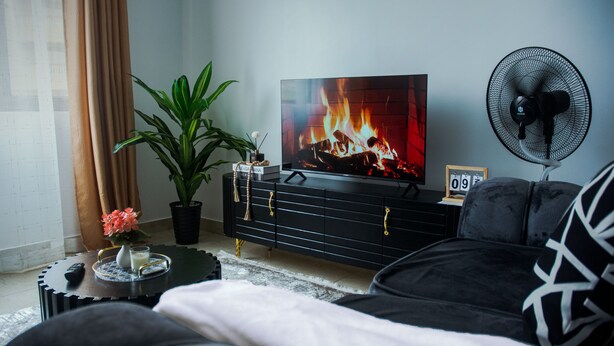 Ein Wohnzimmer mit Fernseher, der einen Kamin zeigt, einem schwarzen Sofa, einem schwarzen Ventilator und einer Topfpflanze.