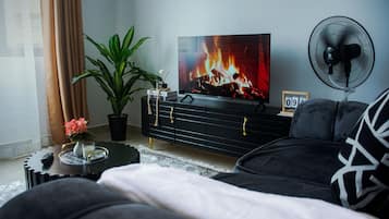 Un salon avec un téléviseur diffusant une image de cheminée, un canapé noir, un ventilateur noir et une plante en pot.