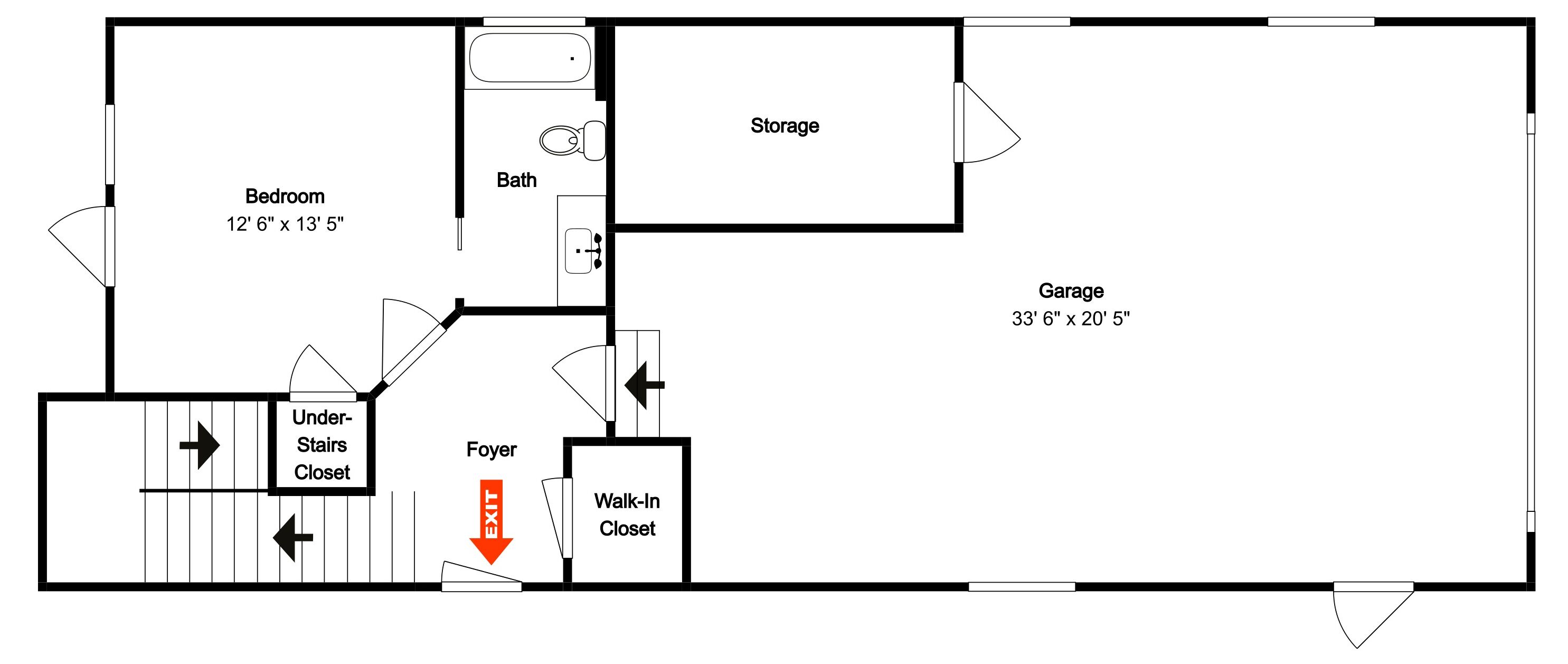 A floor plan with a bedroom, bathroom, storage, garage, under-stairs closet, foyer, and walk-in closet.