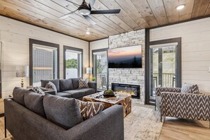 Smart TV, fireplace, table football, computer monitors