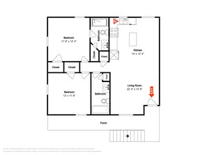 A floor plan with two bedrooms, a bathroom, a kitchen, a living room, and a porch. - Southern Comfort by Silver Sands Vacation Rentals (Port Aransas)