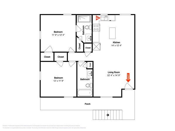 A floor plan with two bedrooms, a bathroom, a kitchen, a living room, and a porch. - Southern Comfort by Silver Sands Vacation Rentals (Port Aransas)