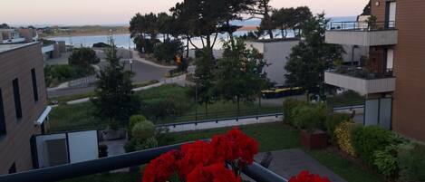 Ein Balkon mit roten Blumen, Blick auf die Küste und moderne Gebäude.
