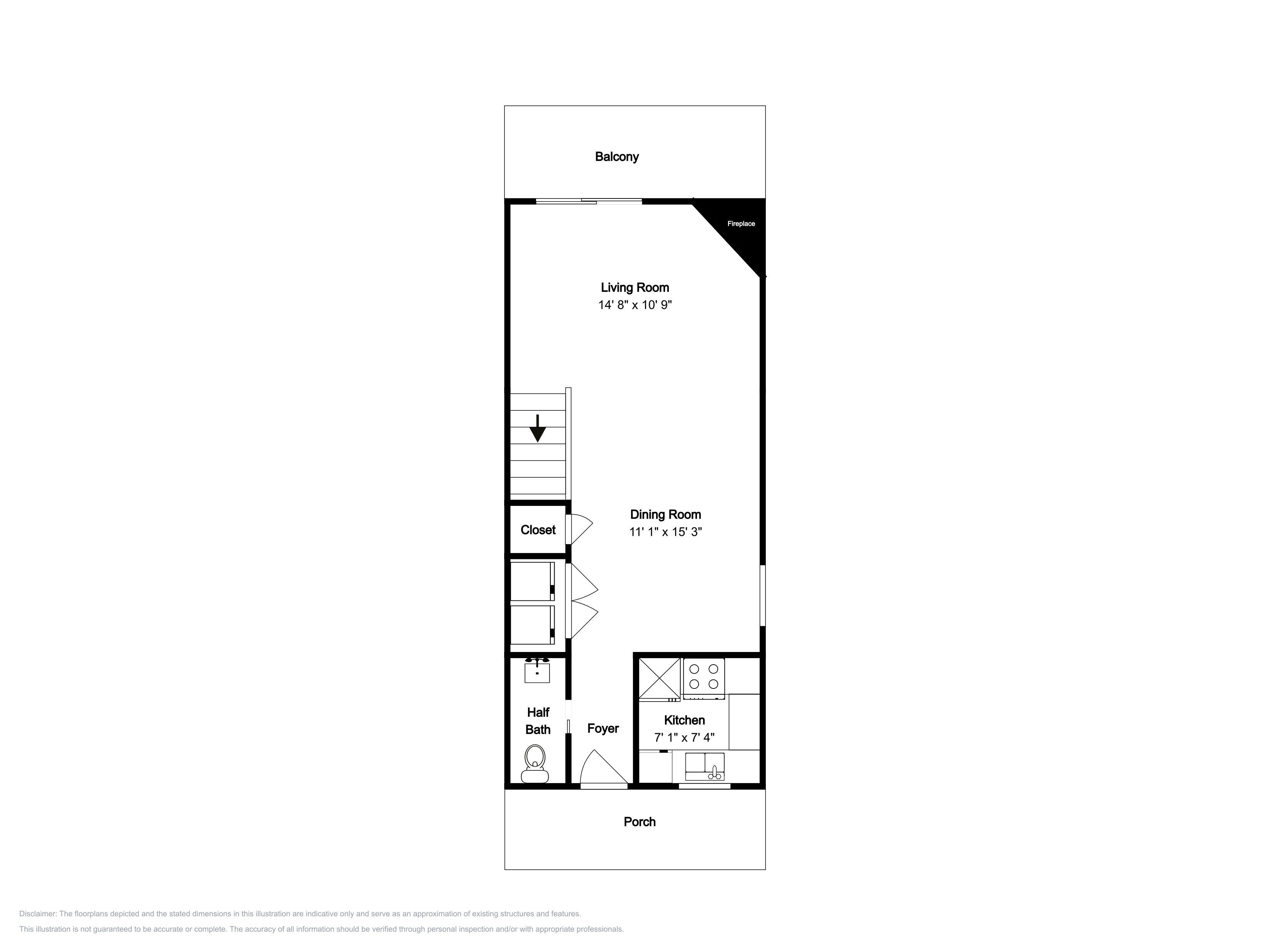 Plano de planta de una casa con balcón, sala de estar, comedor, cocina, vestíbulo, medio baño y armario.
