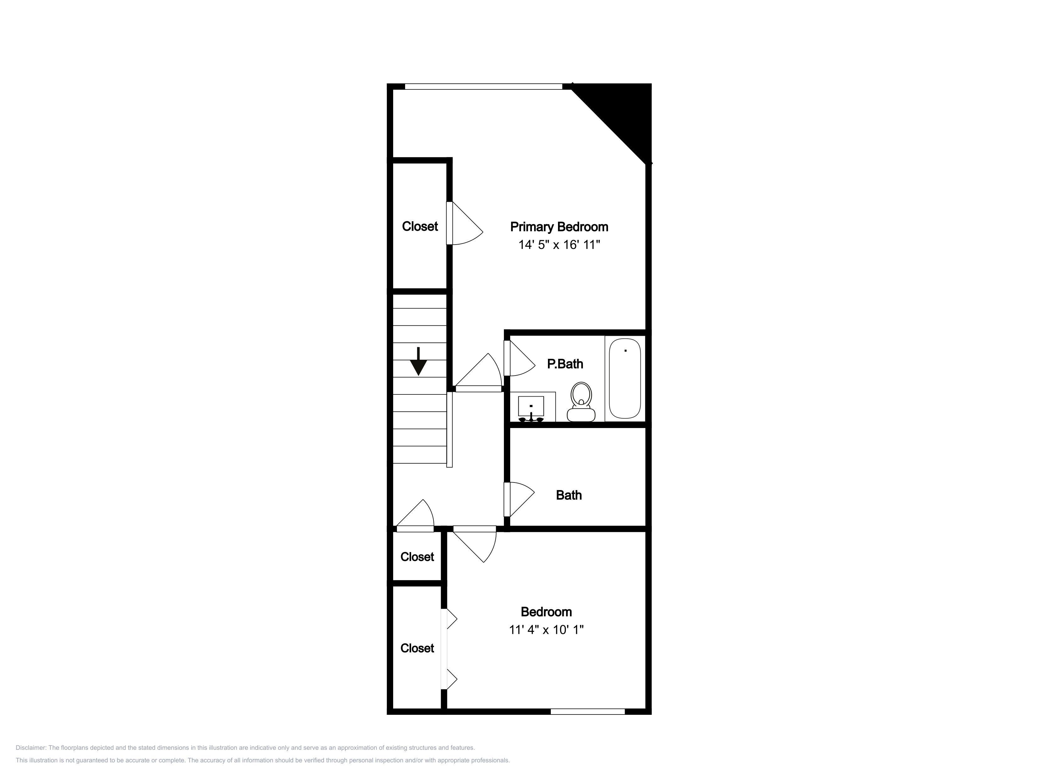 A floor plan with a primary bedroom measuring 14' 5' x 16' 11', a bathroom, and a smaller bedroom measuring 11' 4' x 10' 1'.