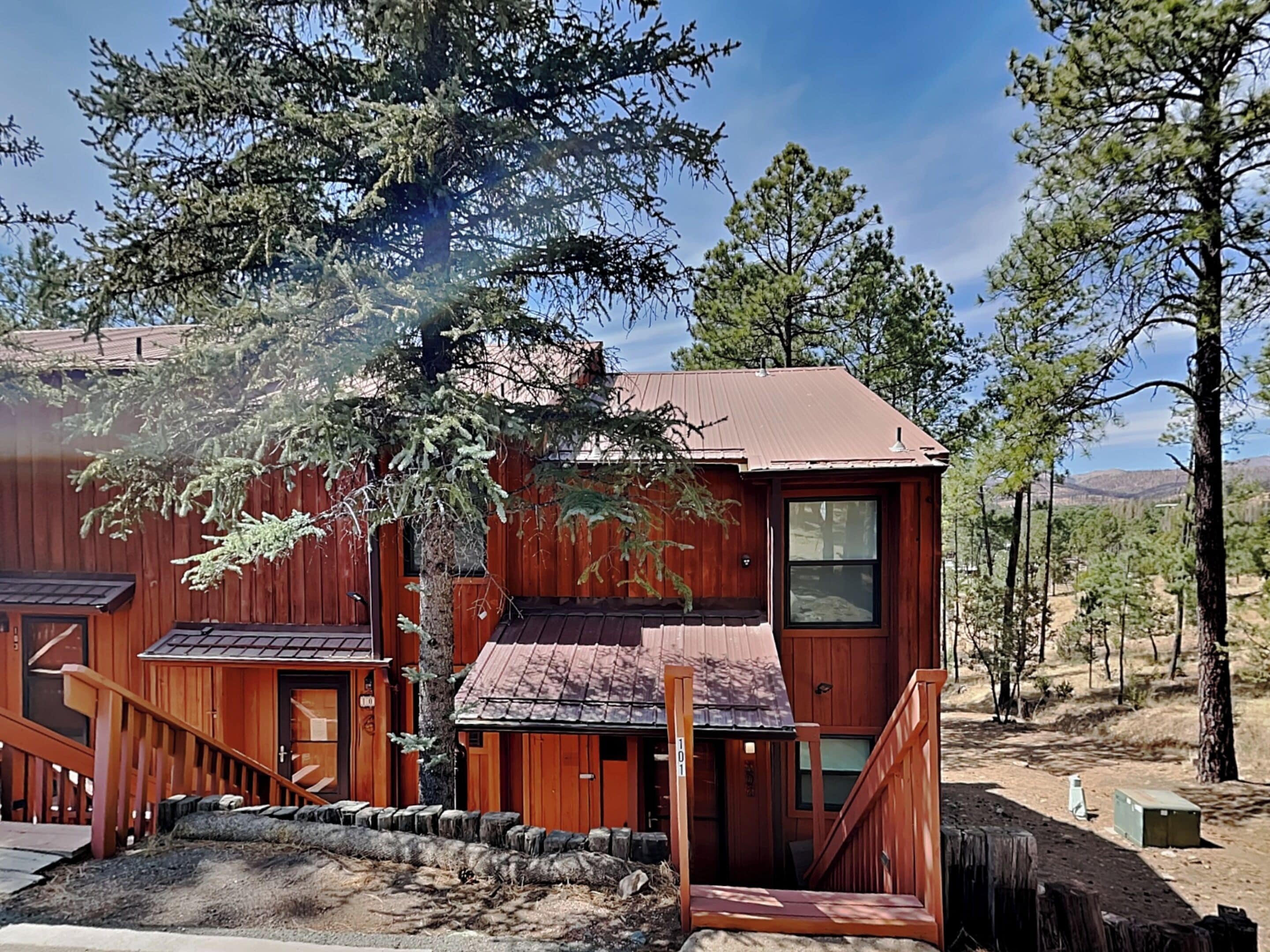 A wooden cabin with a metal roof, a staircase, and a view of the surrounding forest.