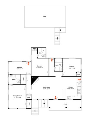 Un plan d’étage comprenant une chambre, une salle de bain, un salon, une cuisine et une véranda.