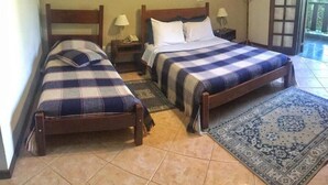 Een hotelkamer met twee eenpersoonsbedden, een groot vloerkleed en uitzicht op de omgeving.
