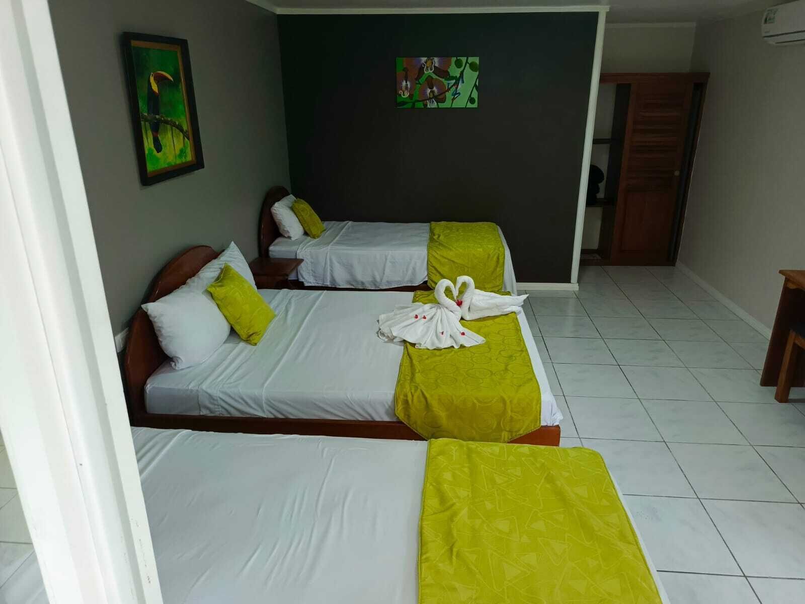 Habitación de hotel con dos camas, cada una con ropa blanca y almohadones verdes. En la pared hay un cuadro y una puerta al fondo.