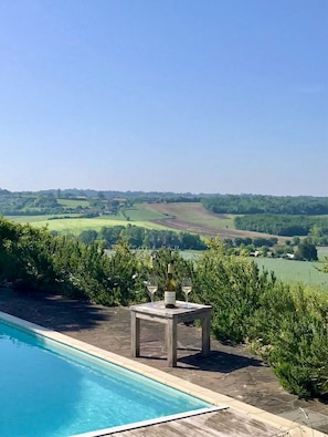 Ein Poolbereich mit Tisch und Weingläsern, mit Blick auf einen Weinberg.