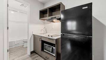 Basic Studio | Private kitchen | Full-size fridge, microwave, oven, stovetop