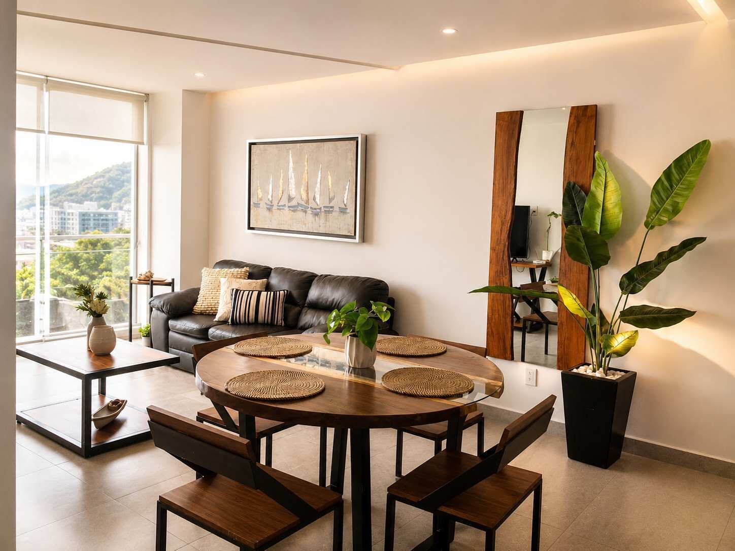 A modern living room with a leather sofa, a round wooden dining table with woven placemats, and a large potted plant.