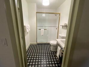 Hair dryer, towels, soap, toilet paper