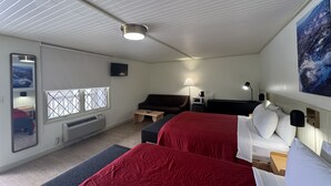 Une chambre de taille modeste, équipée de deux lits, d’un canapé, d’une télévision et d’une fenêtre donnant sur un paysage agréable.