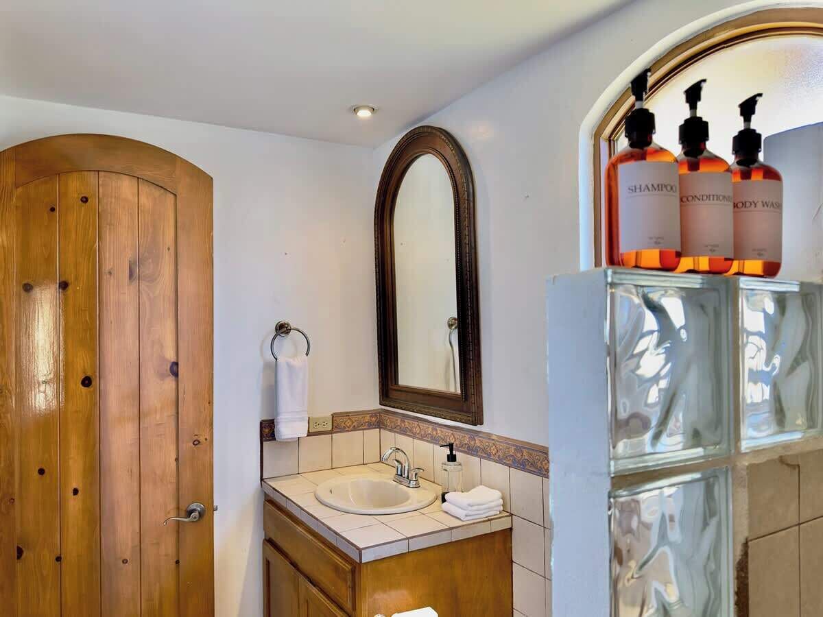 A bathroom with a wooden door, a sink with a mirror, and a shelf with three bottles of shampoo and conditioner.