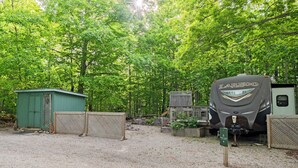 A recreational vehicle park with a green RV, a small shed, and a fenced area.