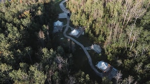 An aerial view of a forested area with a winding path leading to several cabins.