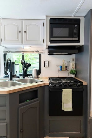 Coffee/tea maker, fridge, microwave, oven - Family Glamping RV • Springdale Retreat Tobermory (Miller Lake)