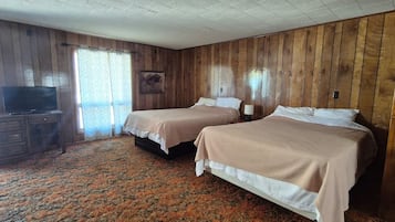 A room with two beds, a television on a dresser, and a patterned carpet.