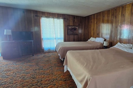 2 Queen Beds with Kitchenette Non-Smoking | Escritorio, tabla de planchar con plancha, wifi gratis y ropa de cama. Sycamore Motel Havana Near Illinois River