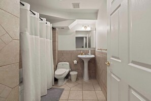 Shower, hair dryer, towels, shampoo