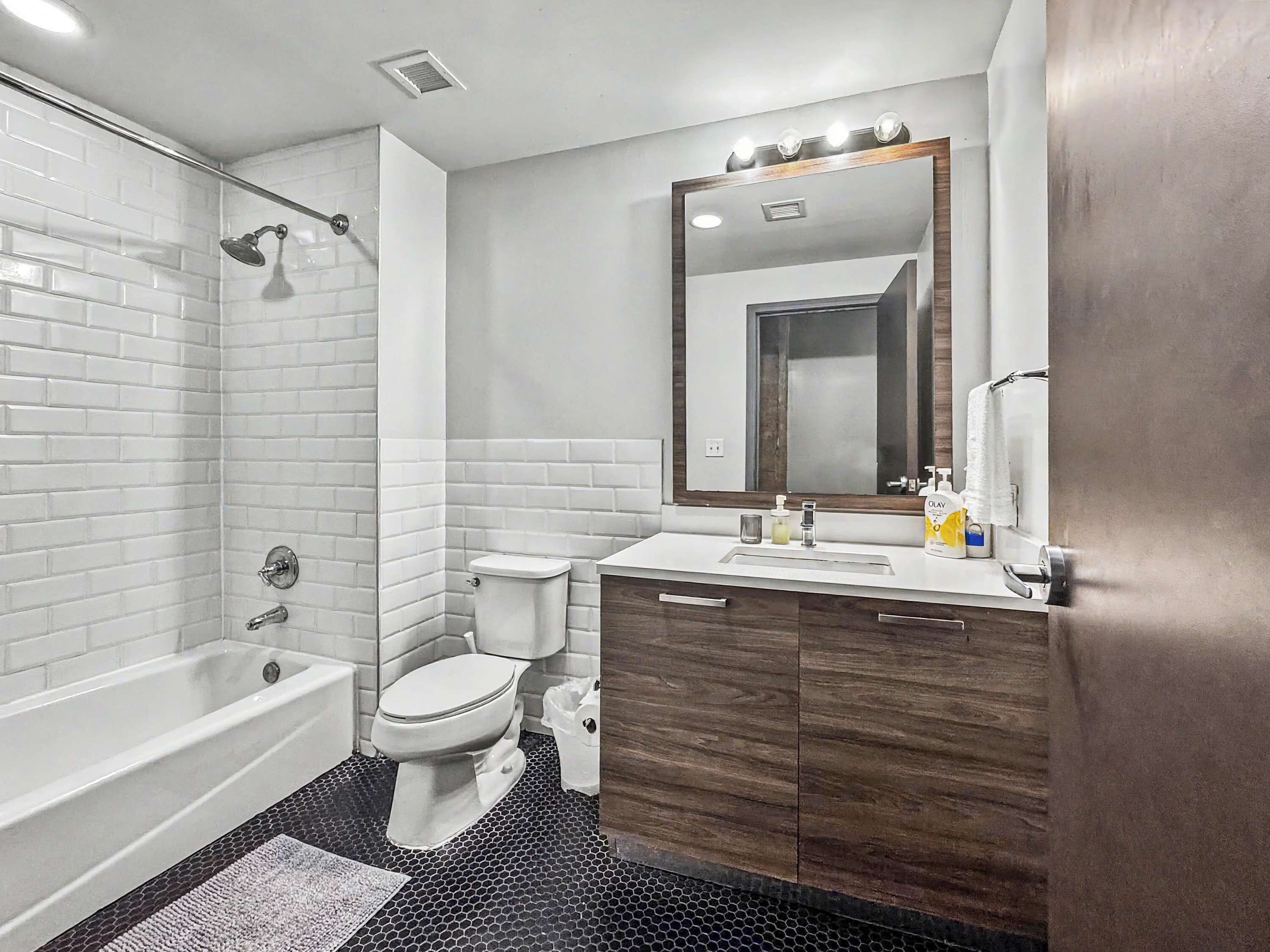Shower, hair dryer, shampoo