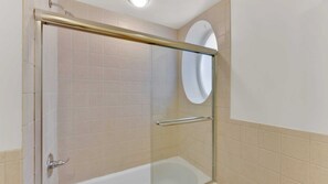 Shower, hair dryer, shampoo
