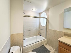 Shower, hair dryer, shampoo