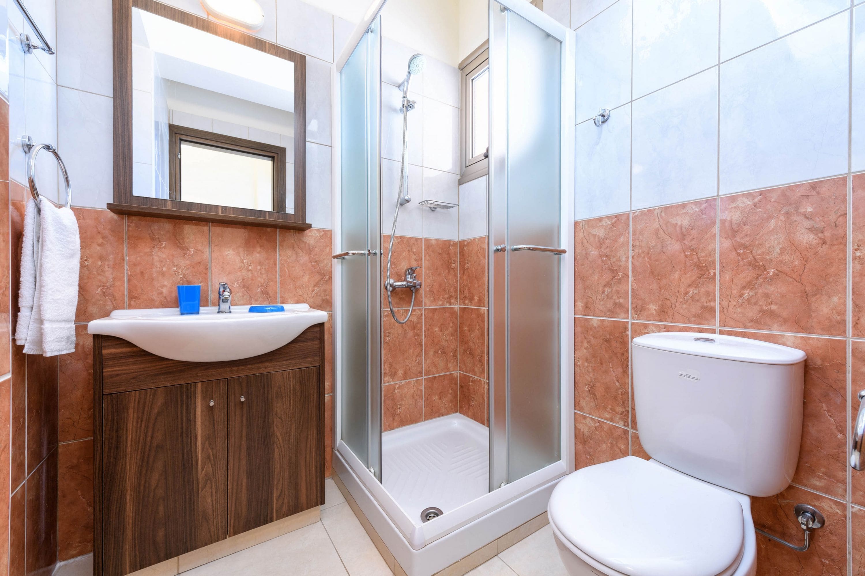 Une salle de bain avec une douche à parois de verre, un lavabo blanc et des toilettes.