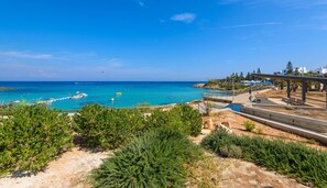 Una zona costera con playa, muelle y paseo marítimo con bancos.