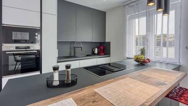 A modern kitchen with a large island, built-in oven, and a window with a view. - Peaceful Blooming Villa with Pool - Four Bedroom Villa with Pool (Rovinj)