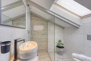 Douche, séchoir à cheveux, serviettes fournies
