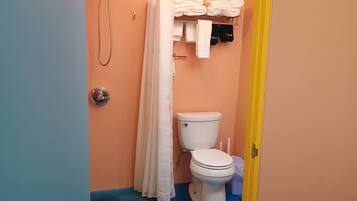 Chuveiro, secador de cabelo, toalhas de banho, sabonete