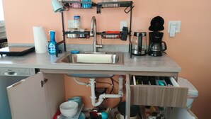 A kitchen with a sink, countertop, and storage cabinets.