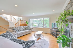 TV, fireplace - Private Pool & Patio: Luxe Westchester Home! (Briarcliff Manor)