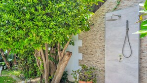 A modern bathroom with a glass shower enclosure, a potted plant, and a brick wall. - Villa Banus (Marbella)