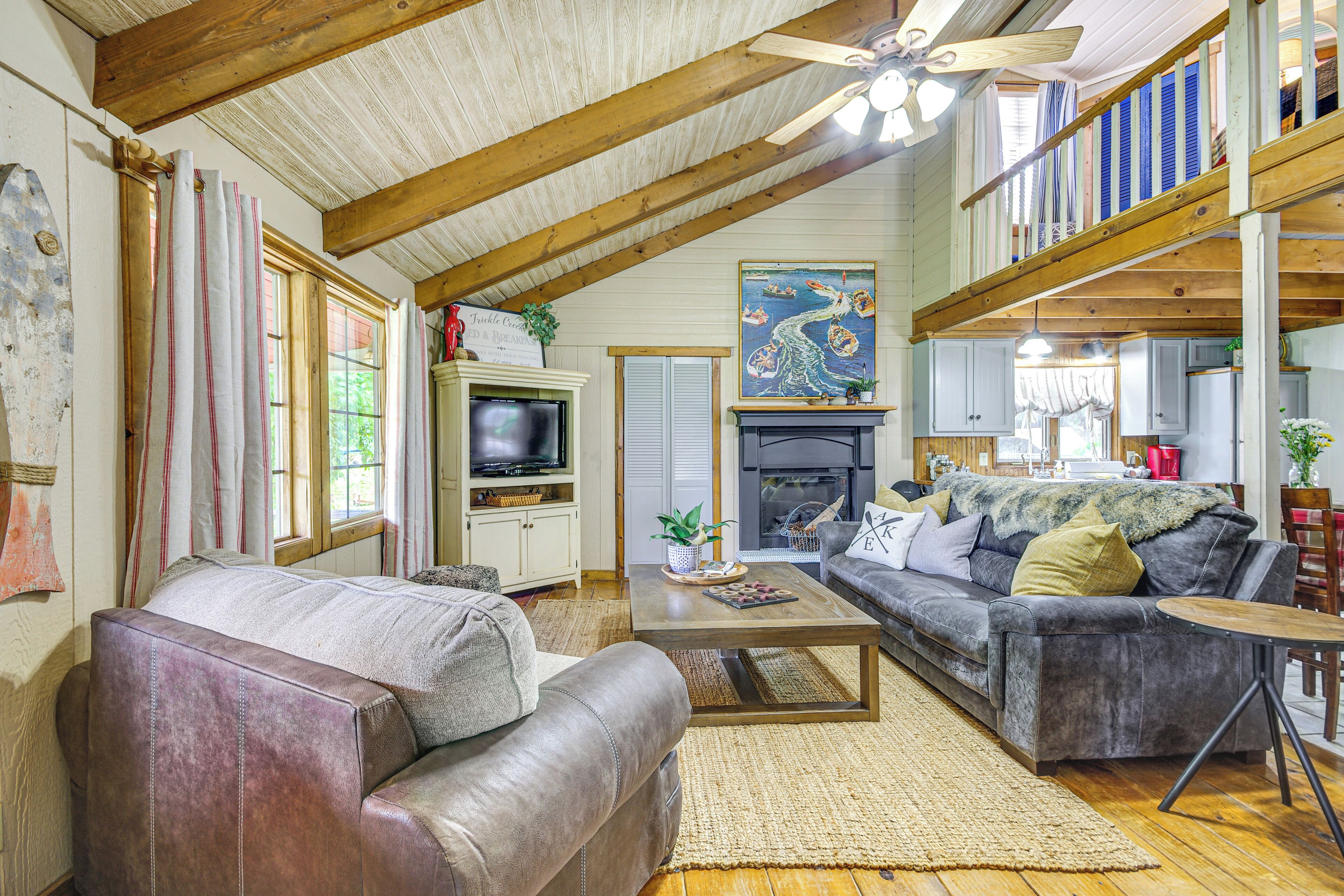 TV, fireplace, DVD player, books