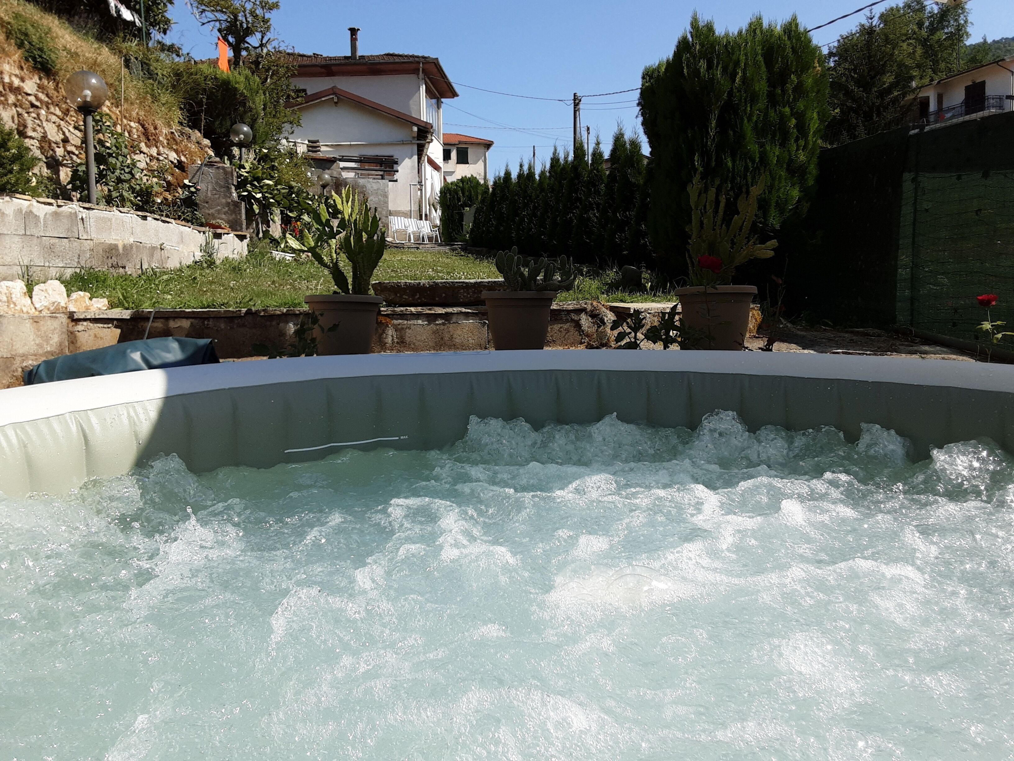 A hot tub with water, surrounded by potted plants and a stone wall.
