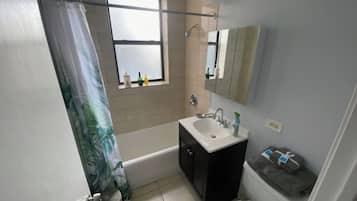 Hair dryer, towels, soap, toilet paper