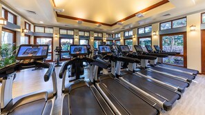 A gym with multiple treadmills, exercise bikes, and a rowing machine, with large windows and natural light.