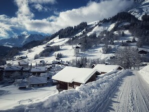A snow-covered village with traditional wooden houses, a clear sky, and a mountain backdrop.