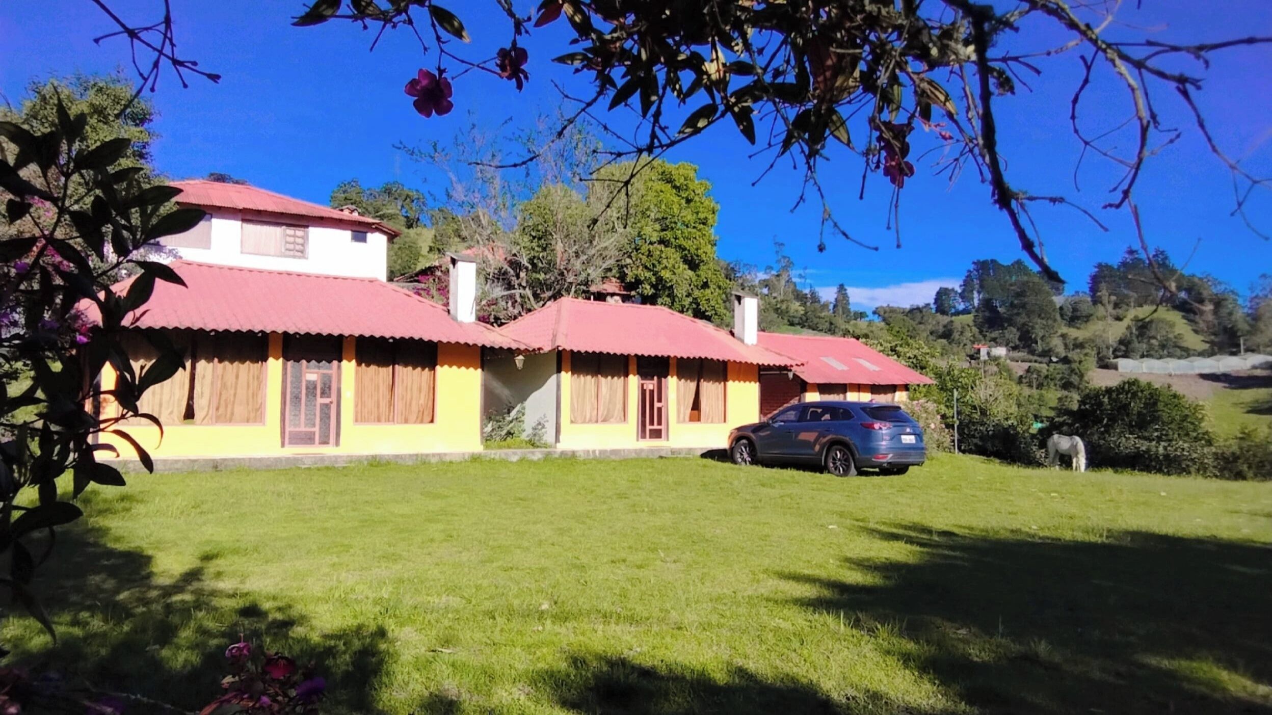 A two-story house with a red roof, a car parked in the front yard, and a grassy lawn.