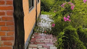 A brick building with a window and a door, a stone pathway, and a view of a green landscape with mountains in the background. - Las Orquideas Runtun Lodge (Baños de Agua Santa)