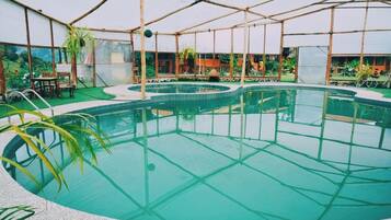 Un área de piscina con cerramiento de vidrio, rodeada de sillas y mesas, y vistas al follaje exterior.