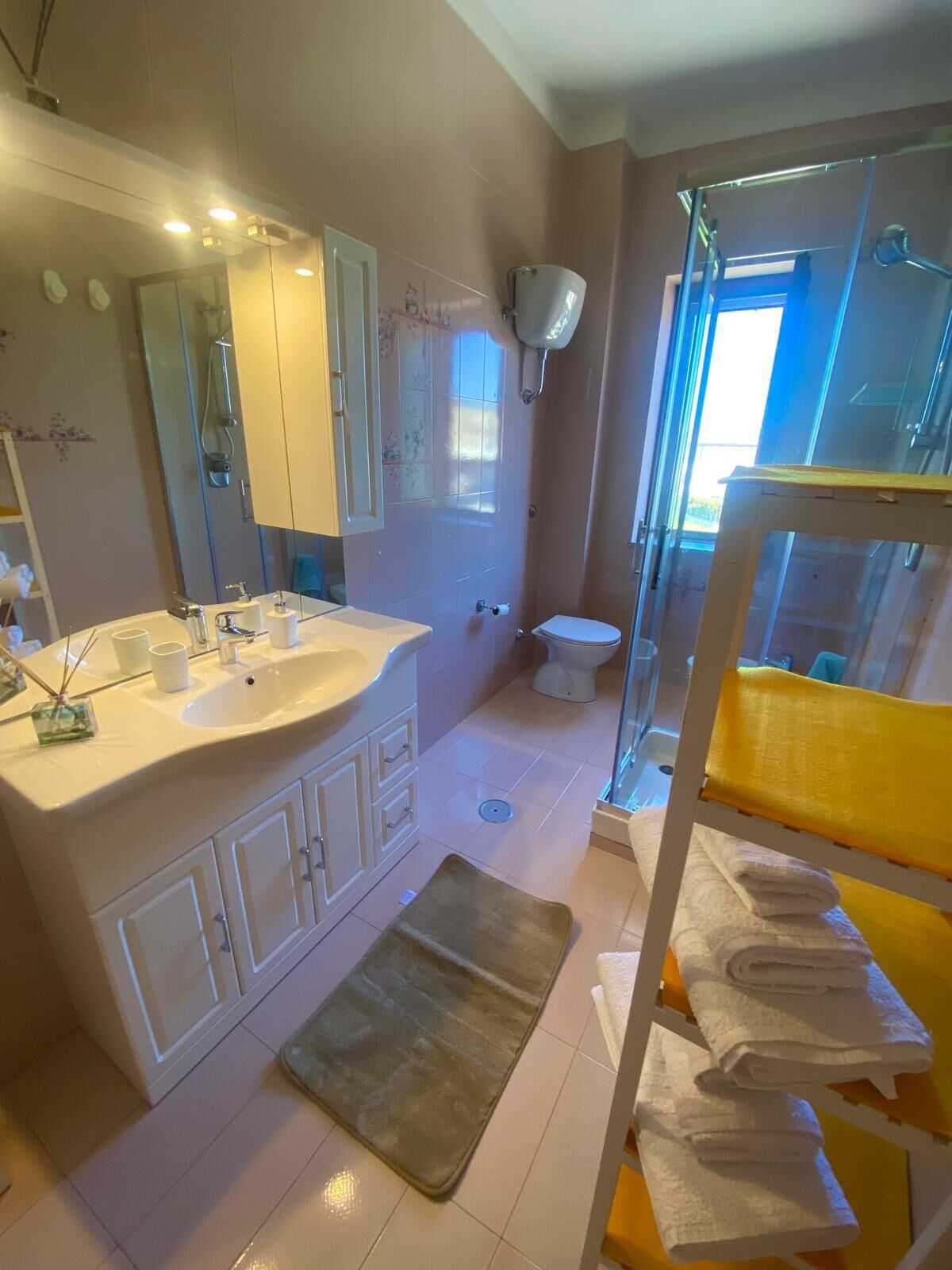 Shower, hair dryer, bidet, towels